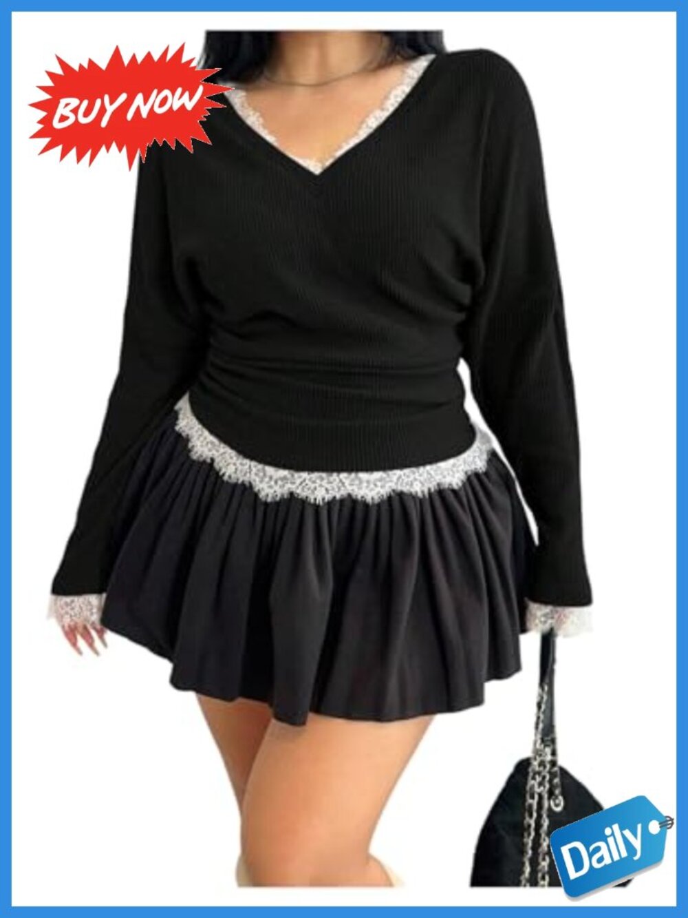 Plus Size Long Sleeve V Neck Lace Fitted T Shirt Y2K Top
